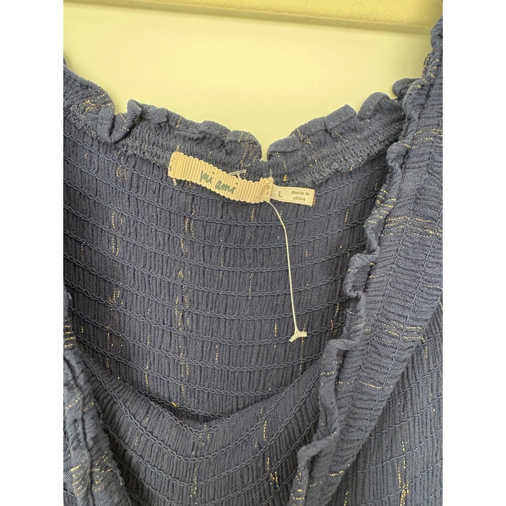 Mi Ami Navy Romantic Parisian Gold Metallic Pinstripe Smocked High Low Maxi‎ L - Picture 5 of 10